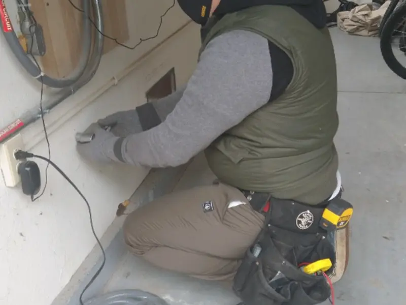 Electrician performing outlet wiring in a Wood Village garage